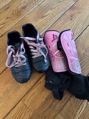 Pink Kids Soccer Shin Guards and Black Cleats Set